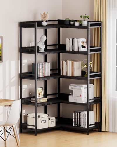 Image of Large 5-Tier Corner Bookshelf - Modern Tall Corner Shelf Storage Display Rack with Sturdy Metal Frame - Perfect for Living Room, Home Office, Books and Decor Display