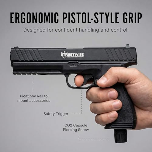 Image of Streetwise Heat Self Defense Pepper Launcher - .50 Cal CO2 Powered Semi-Automatic 6-Round Launcher, Picatinny Rail, 450 FPS, 60 Ft Range, Includes Pepper Irritant Rubber Metal Rounds