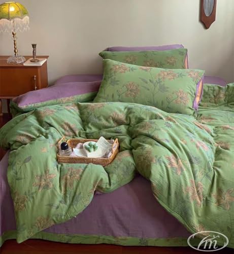 VM VOUGEMARKET Green Flower Duvet Cover Set Twin,3Pcs Yarn-Dyed Linen Cotton Jacquard Duvet Cover with 2 Pillowcases Garden Style Green Purple Bedding Set for Girls Women Without Comforter
