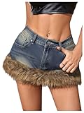 MakeMeChic Women's Y2K Summer Mini Jean Skirt Fuzzy Short Bodycon Denim Skirts with Pocket Blue B Large
