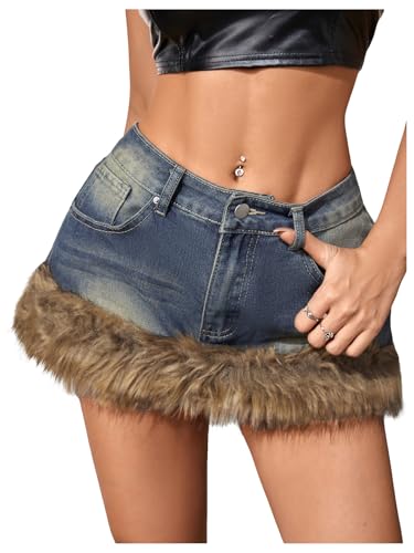 MakeMeChic Women's Y2K Summer Mini Jean Skirt Fuzzy Short Bodycon Denim Skirts with Pocket