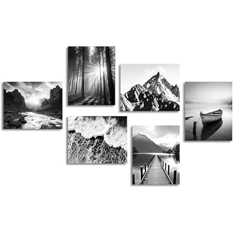 Dazzlewall Black and White Wall Decor Poster Modern Mountain Nature Landscapes Wall Poster for Bedroom Living Room Decor 8x10 in Unframed Set of 6 Cover
