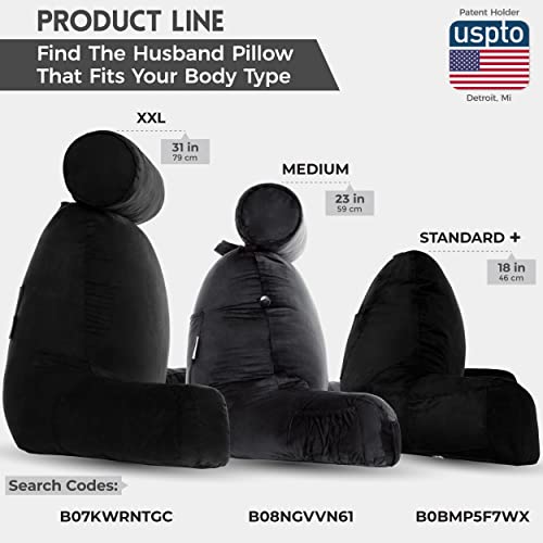 Image of Husband Pillow XXL Aspen Edition, Adult Reading Sit Up Bed Rest Pillow for Bed with Arms & Neck Roll on Bungee Cord - Premium Memory Foam - Reversible 2 Sided Cover Micro Suede or Plush, Stable Black