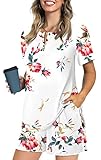 syoss Women's Pajamas Sets, Summer Casual Short Sleeves Henley Round Neck Button Up Tunic Top with C