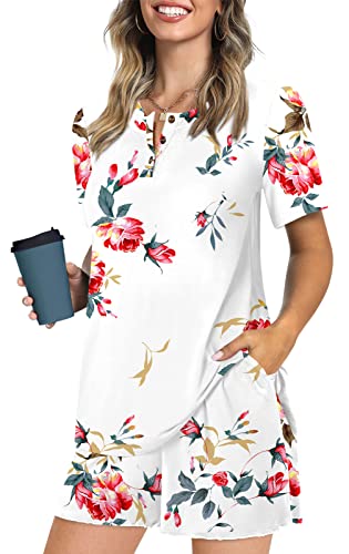 Syoss Women's Pajamas Sets, Summer Casual Short Sleeves Henley Round Neck Button Up Tunic Top With Comfy Capri Pants, Loungewear Sleepwear 2 Piece Ladies Pjs Sets With Pockets Xxl, Floral White #TOP9