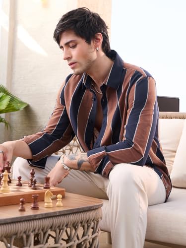 Image of The Souled Store: Echo Men and Boys Long Sleeve Spread Collar Beige and Blue Striped Regular Fit Casual Easy to Wear Summer Ready Lightweight Cotton Linen Shirt