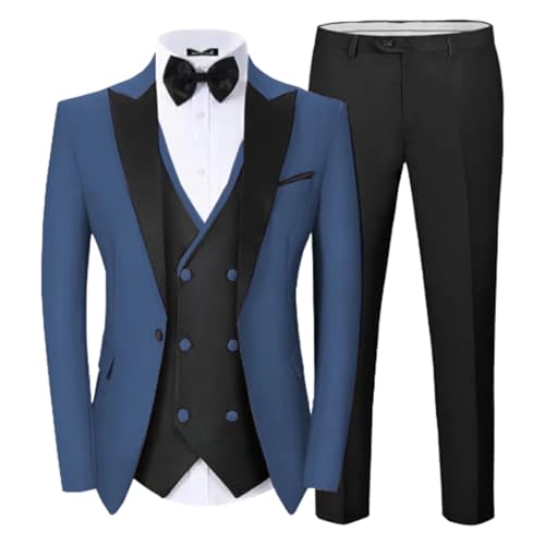 Men Double Breasted Slit Suit 2-Piece Jacket and Pants Wedding Graduation Party Set Blue