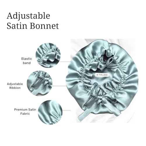 Image of Atrube's Silk Satin Hair Bonnet Reversible with Adjustable Tie Band Wrap Satin Wrap with Hair Scalp Massager Shampoo Brush and 3 Scrunchies (Blue)