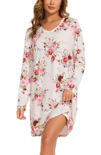 Image of Kabento 2 Pack Long Sleeve Nightgowns for Women Soft Cotton Night Gowns Sleepwear V Neck Nightshirts
