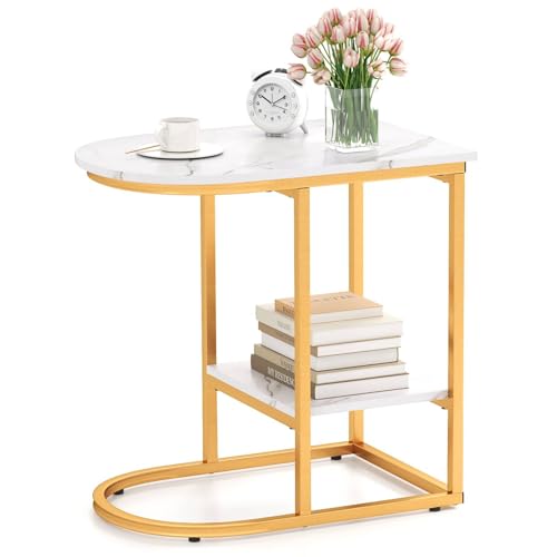 Multigot C-Shaped End Table, Faux Marble/Industrial Snack Sofa Side Table Nightstand with Storage Shelf, 2-Tier Metal Frame Bedside Accent Couch Tables for Living Room Bedroom (White + Gold)