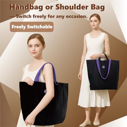 Bolso tote de lona grande para mujer, 27 L, resistente, con cremallera superior, 2 bolsillos exteriores y 1 bolsillo interior con cremallera, bolso de trabajo negro de 12 onzas con asas dobles para compras, desplazamiento diario y viajes miniatura 5