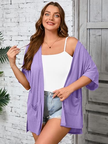 Image of AusLook Plus Size Cardigan for Women Short Sleeve Lightweight Open Front Shrug with Pockets for Dresses and Layering 1X-5X