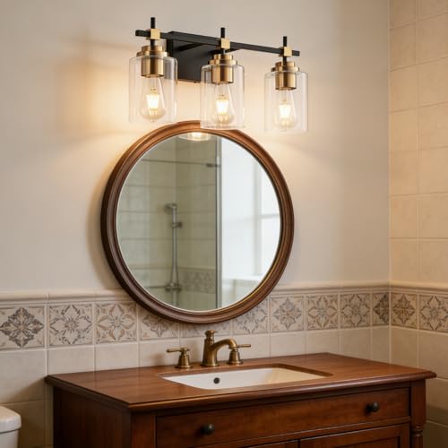Image of SOLFART 3 Light Black and Gold Bathroom Light Fixture, Vintage Vanity Light with Clear Shades, Modern Over Mirror Wall Lighting for Bathroom Vanity