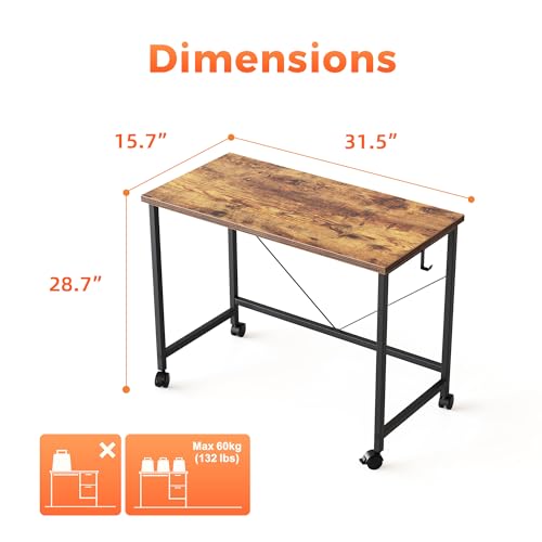 (Caster, Rustic Brown, 32 inch) Rolling Computer Desk with Wheels, Gaming Desk for Small Spaces, Modern Simple Style Table for Home Office, Study Writing Table