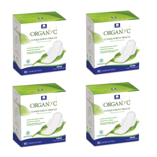 Organyc, Serviettes Hygieniques Nuit Avec Ailettes 100% Coton Bio Certifie - 4 Packs De 10 Serviettes (Total: 40 Unites)