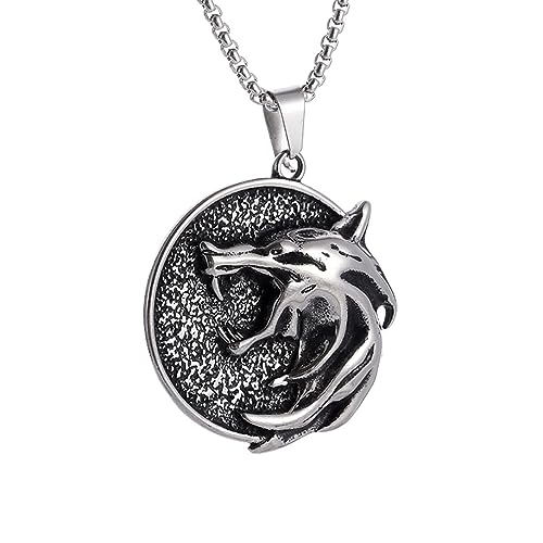 YAHOYA Vintage Viking Wolf Head Pendentif en Acier Inoxydable Magicien Loup tête Collier Hommes Hip hop Tendance Bijoux garçons Cadeaux