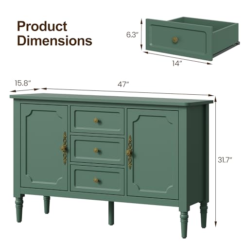 Image of FansaFurn Green Storage Cabinet, Mid-Century Buffet Cabinet with 2 Doors & 3 Drawers, Accent Sideboard Cabinet with Adjustable Shelves & Turned Legs, Great for Entryway, Living Room, Dining Room