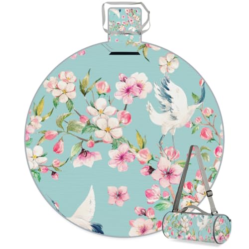 Shimoshe Cherry Blossom Branch Crane Picnic Outdoor Blanket Foldable Waterproof Sandproof Beach Blanket Portable Water-Resistant Round Picnic Mat for Travel Camping Park Lawn