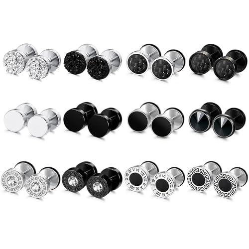 LOCCY 12 Paires Boucles d'oreilles Hommes, Acier Inoxydable Clous d'Oreilles Rond Noir Argent Boucles d'oreilles Faux Ecarteur Clous d'oreilles Piercing pour Hommes...