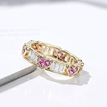 TZ Way 18K Gold Shiny Heart Shaped Pink Cubic Zirconia Ring, Eternity Engagement Wedding Band Ring for Women TZ.19 US Code 8