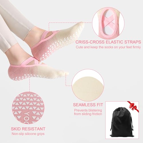 Image of Women's Grip Socks with Straps - 3 Pairs Non Slip Socks for Pilates, Yoga, Ballet & Barre Dance