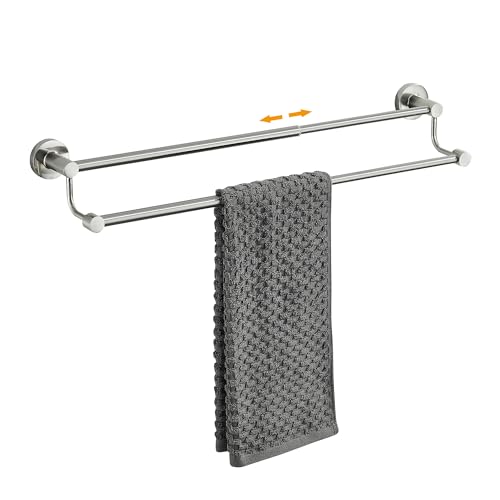 Adjustable Double Towel Racks for Bathroom 15 to 26.5 Inch Towel Bar, Expandable Brushed Nickel Double Bath Towel Holder, Wall Mount with Screws Towel Bar Rod