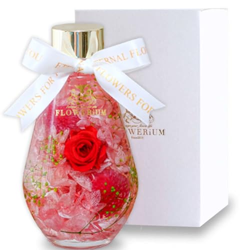 FLOWERiUM ハーバリウム 結婚記念日 贈り物 2025 フラワーギフト 日本製 花 flower プレゼント 女性 お祝い 退職 記念日 誕生日 ギフト フラワリウム ドロップボトル リボン付 (赤 バラ ×ピンク)