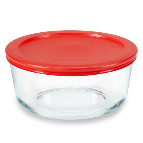 Pyrex Simply Store Glass Food Storage Container, Snug Fit Non-Toxic Plastic BPA-Free Lids, Freezer Dishwasher Microwave Safe, 4 Cup