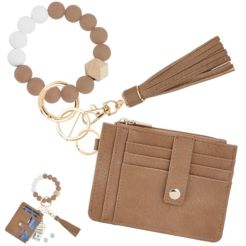Image of KNGITRYI Wristlet Wallet for Women,RFID Keychain Wallet with Beaded Strap | 8 Card Slots,ID Window,Zipper Pocket,Leather Tassel,Compact Design