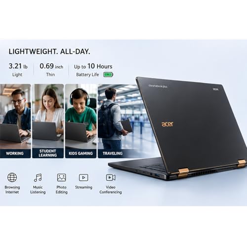 Image of Acer Chromebook Plus Spin 714 2-in-1 Convertible Laptop| 14 inch WUXGA Touchscreen| Intel Core Ultra 5 Beat i7-1165G7| 8GB RAM 256GB +128G SSD| 10Hour Battery| Backlit KB| Google AI Pro| School Gaming