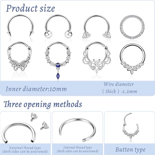 8pcs Septum Rings 16g Surgical Steel Nose Rings Hoops Septum Clicker Daith Piercing Jewelry Silver Butterfly CZ Horseshoe Nose Lip Ring For Women Men 8MM 10MM2