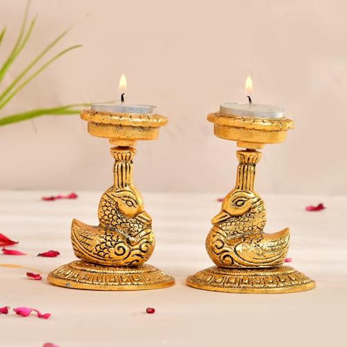 CraftVatika Elegant Metal Duck Candle Holder Set of 2 - Perfect Home Decoration Diwali, Intricate Design Tealight Candle Holders for Home Pooja Room Diwali Decor, Handpolished Tlight Candle Holder