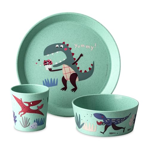 Koziol CONNECT REX Kindergeschirrset 3teilig | kleiner Teller + Schale + Becher | für Kinder ab 6 Monate | biozirkulärer Kunststoff, bruchfest, spülmaschinengeeignet (organic sage green)