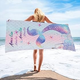 Personalized Beach Towel with Name - Customized Custom Gifts Summer Microfiber Quick Drying, Sandproof and Lightweight, Swim Pool Yoga Camping Towel for Adults Women Men Kids, 30 x 60 in (Mermaid) 41im BPjM7L. SS280