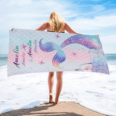 Personalized Beach Towel with Name - Customized Custom Gifts Summer Microfiber Quick Drying, Sandproof and Lightweight, Swim Pool Yoga Camping Towel for Adults Women Men Kids, 30 x 60 in (Mermaid) 41im BPjM7L. SS400