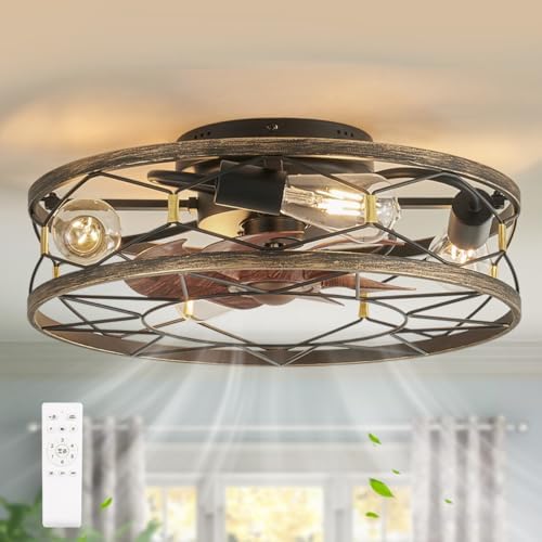Farmhouse Caged Ceiling Fan with Light Flush Mount, Rustic Bladeless Ceiling Fan with Light, Small Modern Low Profile Ceiling Fans with Lights and Remote for Bedroom, Kitchen, 6 Speeds