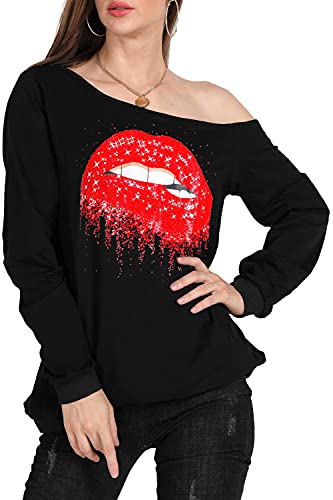 Image of MAGICMK Woman's Sweatershirt Lips Print Causal Blouse Off The Shoulder Long Sleeve Loose Slouchy Pullover Plus Size Tops
