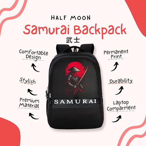 Image of Half Moon Samurai Anime School Bags for Boys Men | Laptop Bag for Man | College Bag for Boys | Backpack Bag for Man Students use with Laptop Compartment & Small Pockets inside (Black & Red)