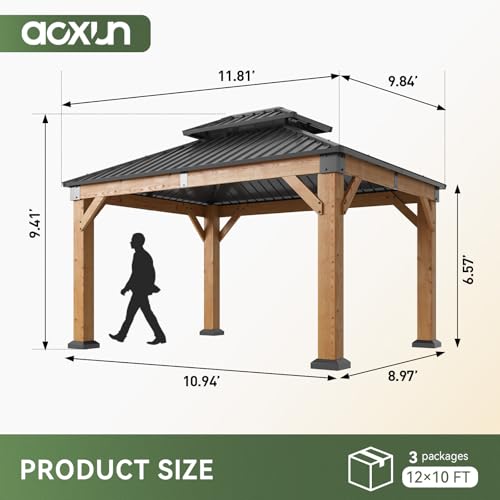 Image of Aoxun 10' x 12' Outdoor Wood Gazebo, Hardtop Gazebo Permanent Wooden Pavilion with Galvanized Steel Double Roof, for Patio, Garden, Deck, Cedar Wood, Natural