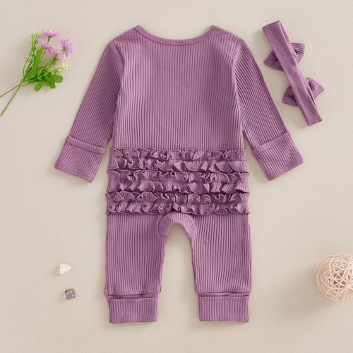Newborn Baby Girl Clothes Letters Long Sleeve Ribbed Romper Jumpsuit with Headband Preemie Coming Home Outfit3