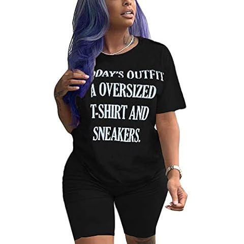 GLIENST Womens Casual 2 Piece Outfits Sexy Letter Print Short Sleeve T-shirts Bodycon Short Pants Tracksuit Set Black XXL Cover