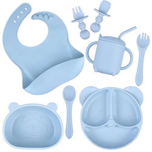 Silicone Toddler Feeding Set, Baby Led Weaning Supplies, 8 Pack Silicone Divided Suction Plate, Bowl and a Sippy Cup, with 2 Spoon, 2 folk, Eating Utensil, First Stage BLW Utensils 6-12 Months,Blue