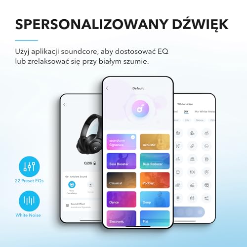 Słuchawki nauszne Soundcore by Anker Q20i Wireless Bluetooth z hybrydową aktywną redukcją szumów, 40 godzin odtwarzania w trybie ANC, dźwięk o wysokiej rozdzielczości, głęboki bas