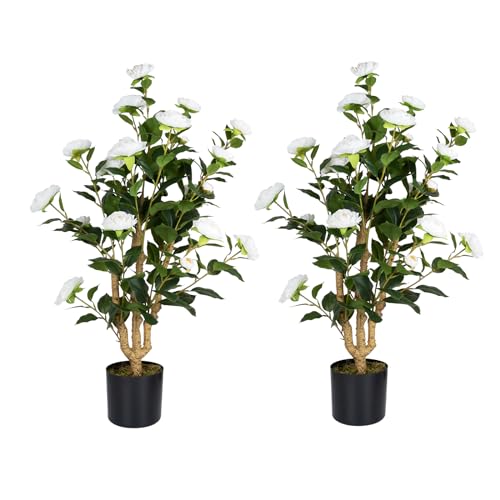 Howngyesimu Artificial Camellia Tree 2 Pack, 38’’ Faux Camellia Plant in Pot with White Flowers, Greenery Potted Plant for Indoor Outdoor Office Home Porch Decor, White