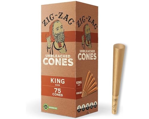 ZIG-ZAG Pre Rolled Cones King Size Unbleached (75-Pack) - Slow Burning Pre Rolled Cones with Tips & Packing Tubes Included - Bulk Pack