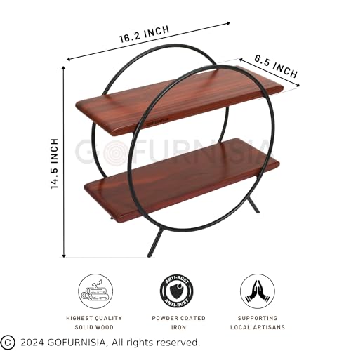 Image of GOFURNISIA Premium Wooden Kitchen Countertop Organizer, Shelf Rack For Kitchen Storage, 2 Tier for Spices, Oil, Tabletop Rack For Bar, Makeup, Office, Handcrafted Teakwood and Iron, Easy Assembly