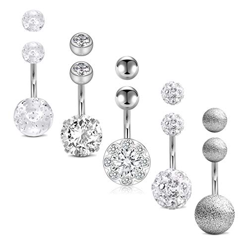 VF VFUN 14 Gauge Acero Inoxidable Piercing Ombligo con Bola de reemplazo para Mujer Niñas Joyas para el Cuerpo Piercing Vientre Barra 10MM 5 Piezas - Plata