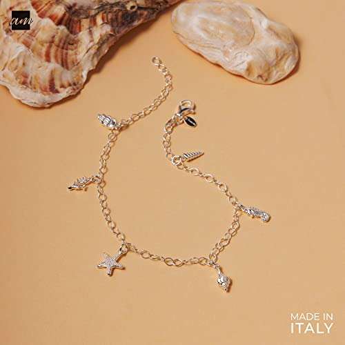 Image of Amberta Women 925 Sterling Silver Anklet with Charms: Ankle Bracelet with Marine Shells - 25 cm