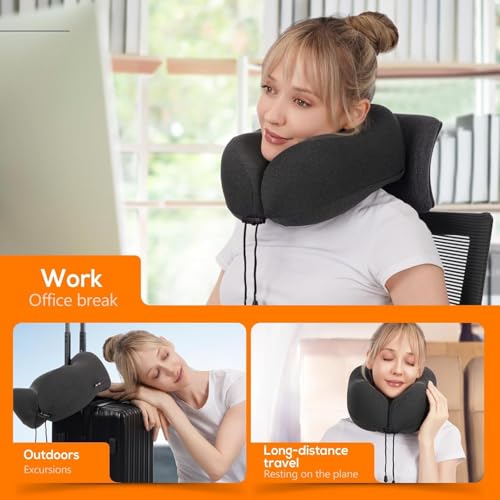 Image of Umerci Memory Foam Travel Neck Pillow for Flight Travel, 360 Degree Support Breathable Cervical Neck Rest with 3D Eye Mask, Earplugs & Bag, Portable Airplane Pillow for Neck Pain & Sleeping (BLACK)