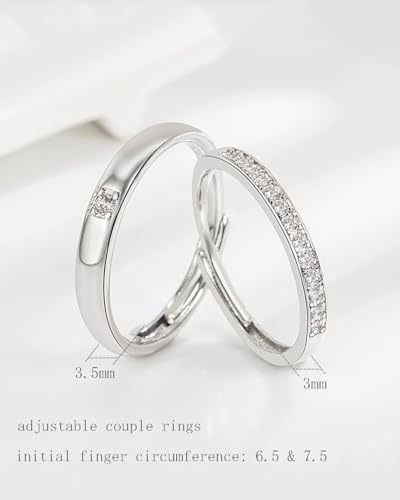 2 Pcs Couple Rings for Women and Men Couples Matching Rings Cubic Zirconia Half Eternity Band Rings Anniversary Promise Engagement Wedding Ring Sets Adjustable3